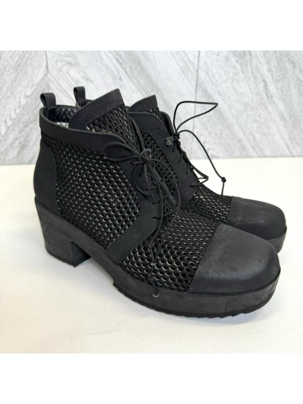 Annette Gortz Mesh Lace Up Ankle Boots Black Womens Size US 10 Heeled Combat